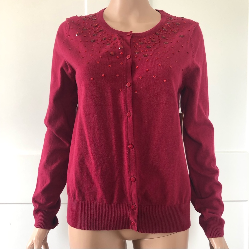 Debbie Morgan Burgundy Red Sequins Embellishment Cardigan Sweater Small